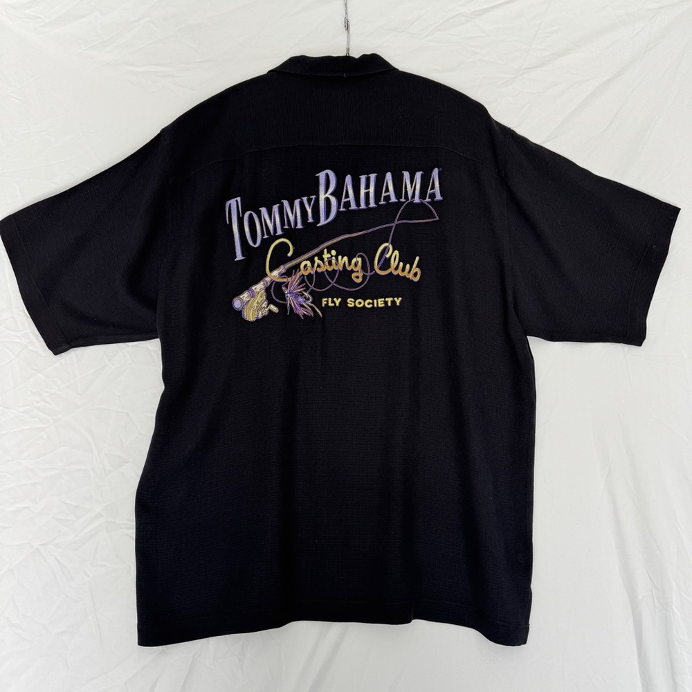 Tommy Bahama Fisherman Casting Club 100% Silk Shirt Black Size Large Fly Fishing
